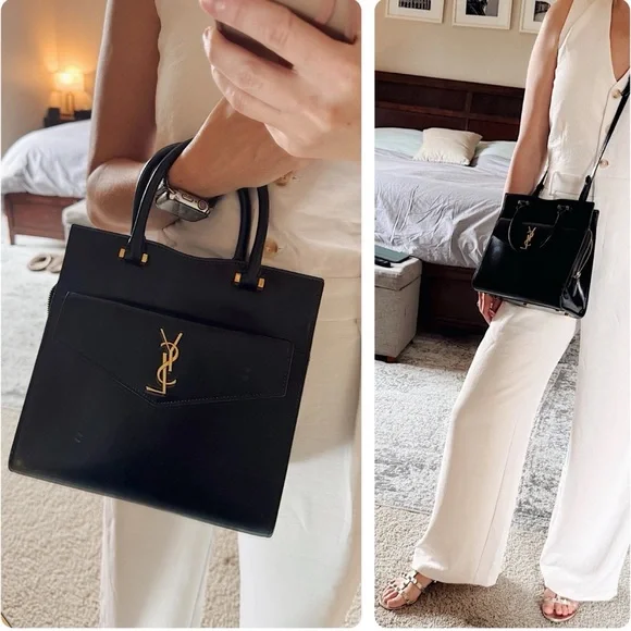 SOLD❤️Saint Laurent YSL Uptown Small Black Monogram Top Handle Bag + Clutch - Picture 3 of 16